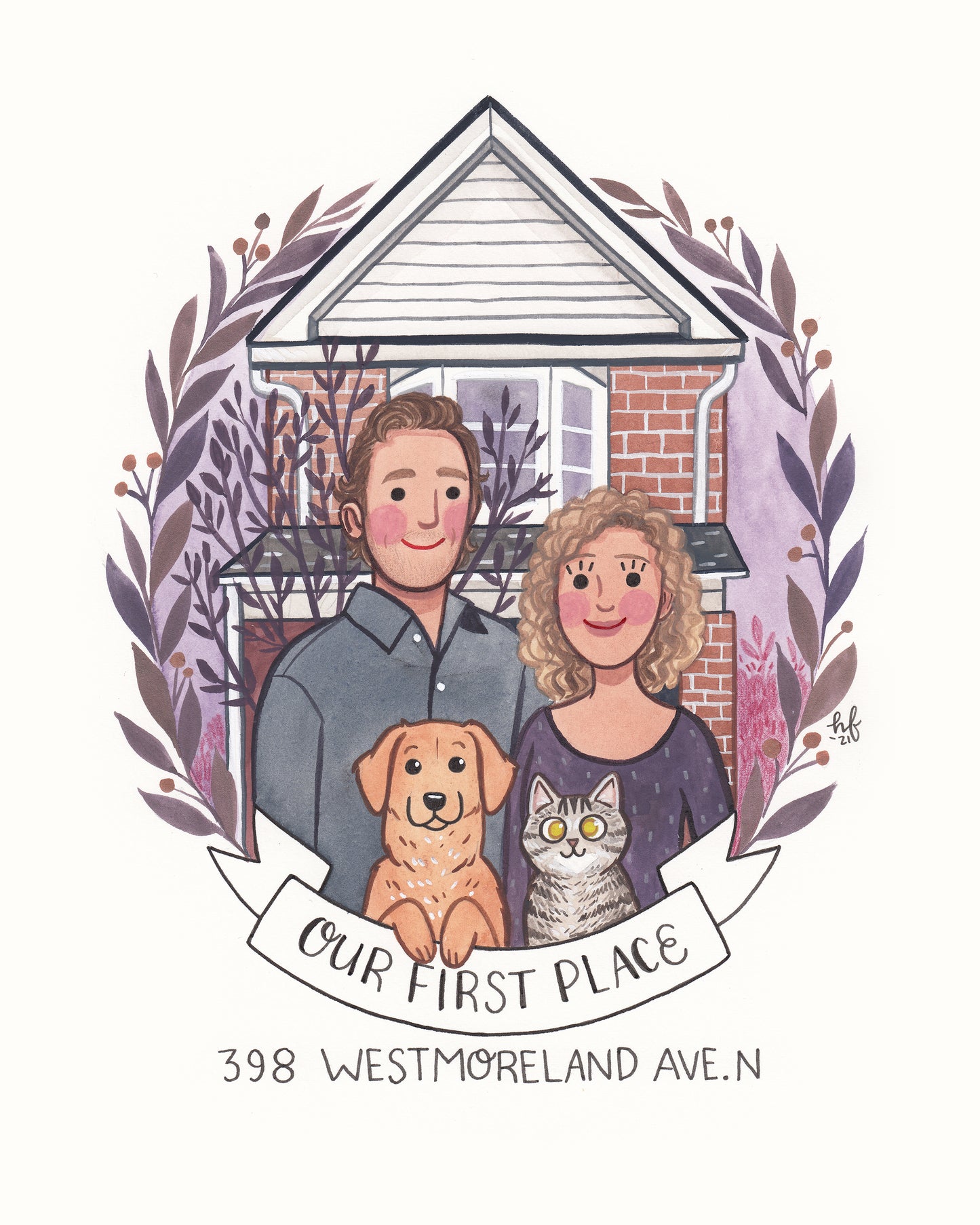 Hand-Painted Custom Portrait with House Background 8x10